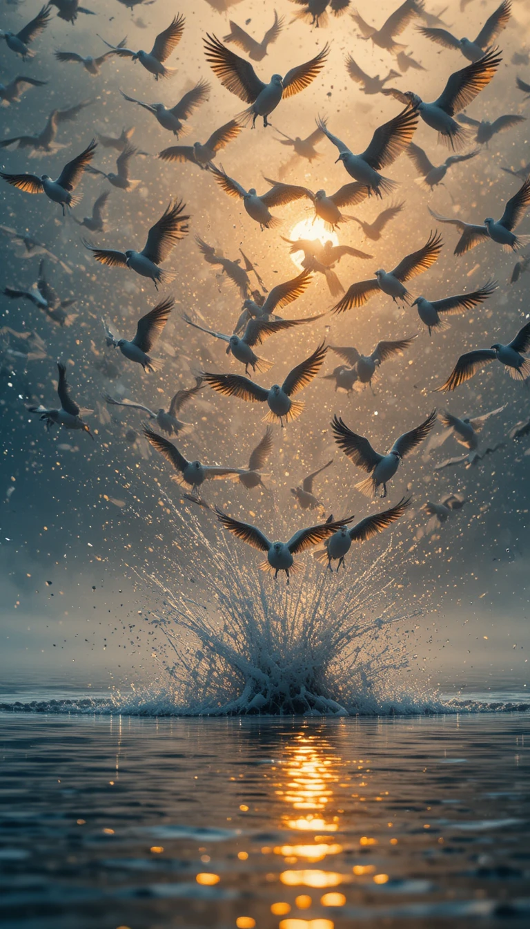 Bandada de pájaros elevándose desde un lago brumoso al amanecer