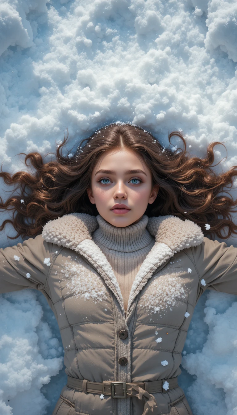 Junge Frau macht einen Schneeengel in winterlicher Landschaft