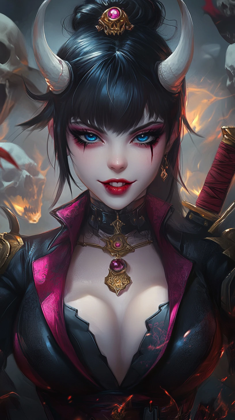 Chibi demon girl with katanas in skull filled background