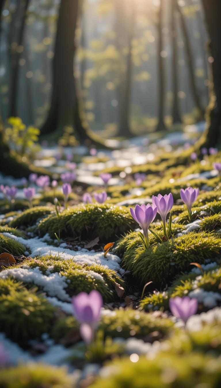 Sunlit forest clearing with melting snow and early spring flowers