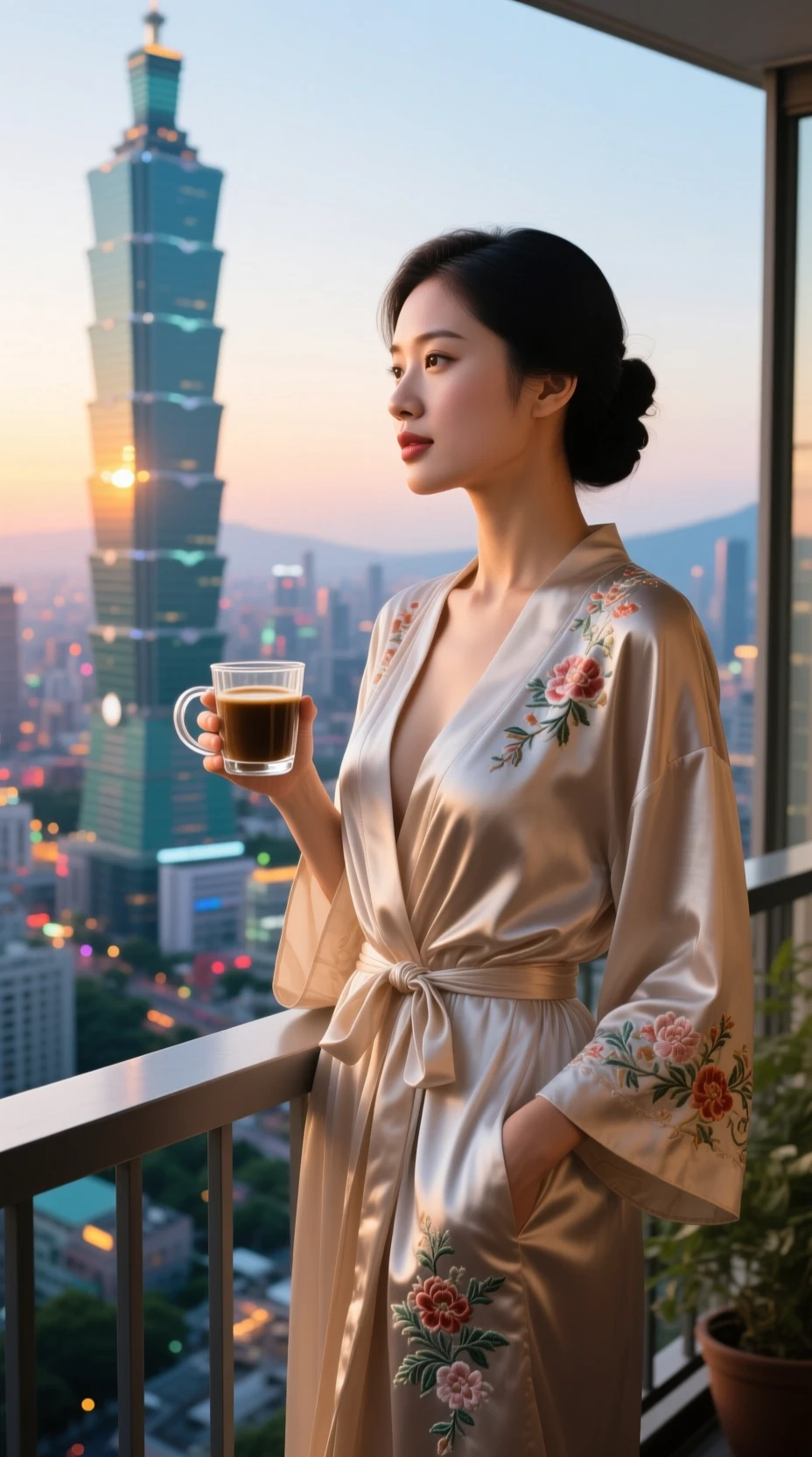 女子在高樓城市陽台享受早晨咖啡