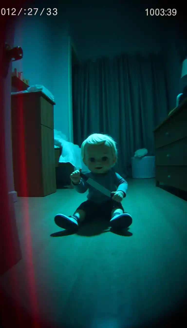 CCTV view of a child bedroom with a creepy doll