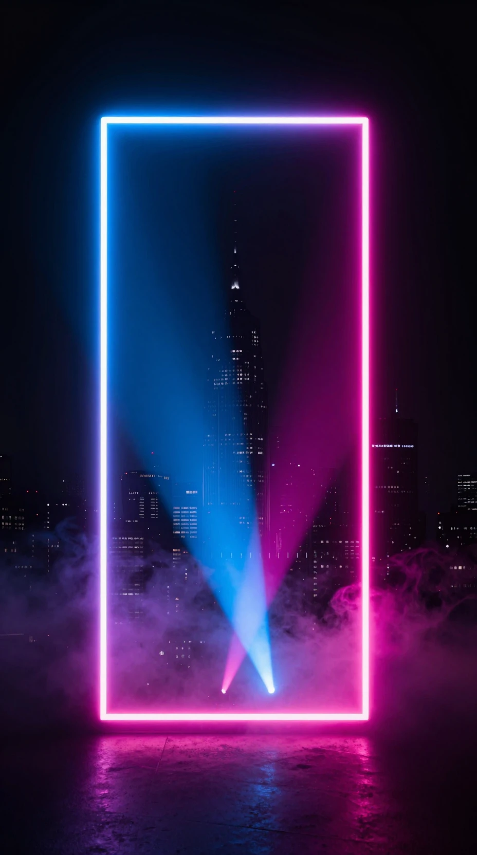 Portal de neón brillante enmarca el distante horizonte de una ciudad futurista