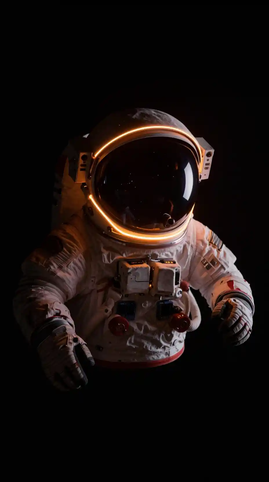 Astronaut helmet glowing with neon rim light in space