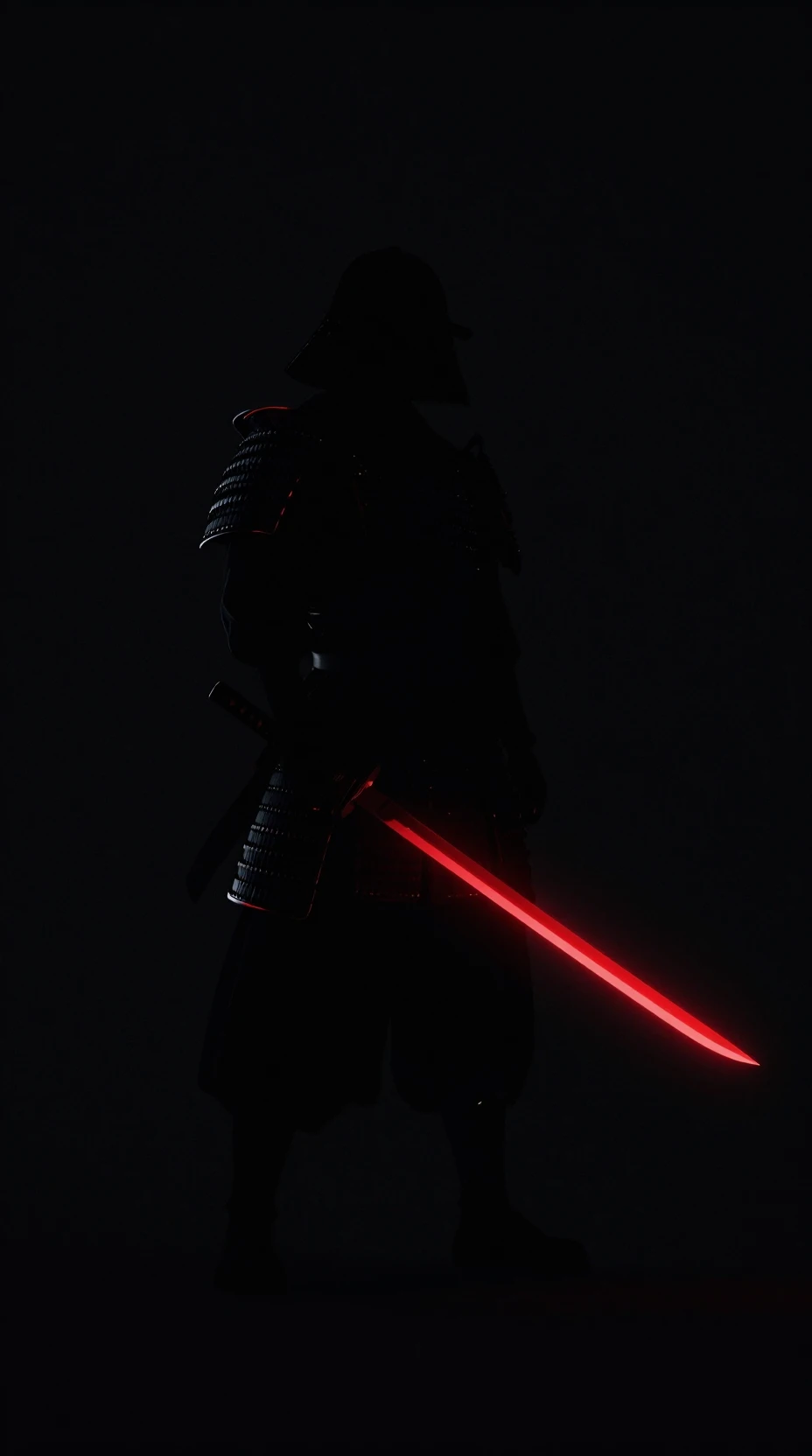 Samurai-Silhouette mit leuchtend rotem Neon-Katana in der Dunkelheit