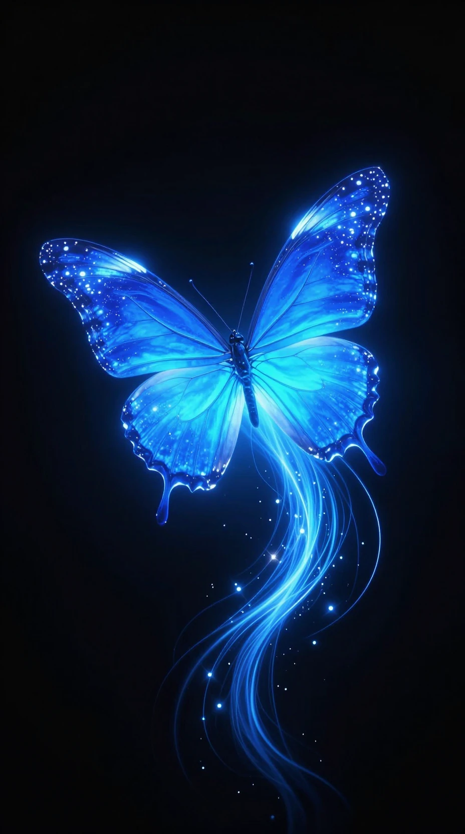 Mariposa azul neón con rastros brillantes sobre fondo negro