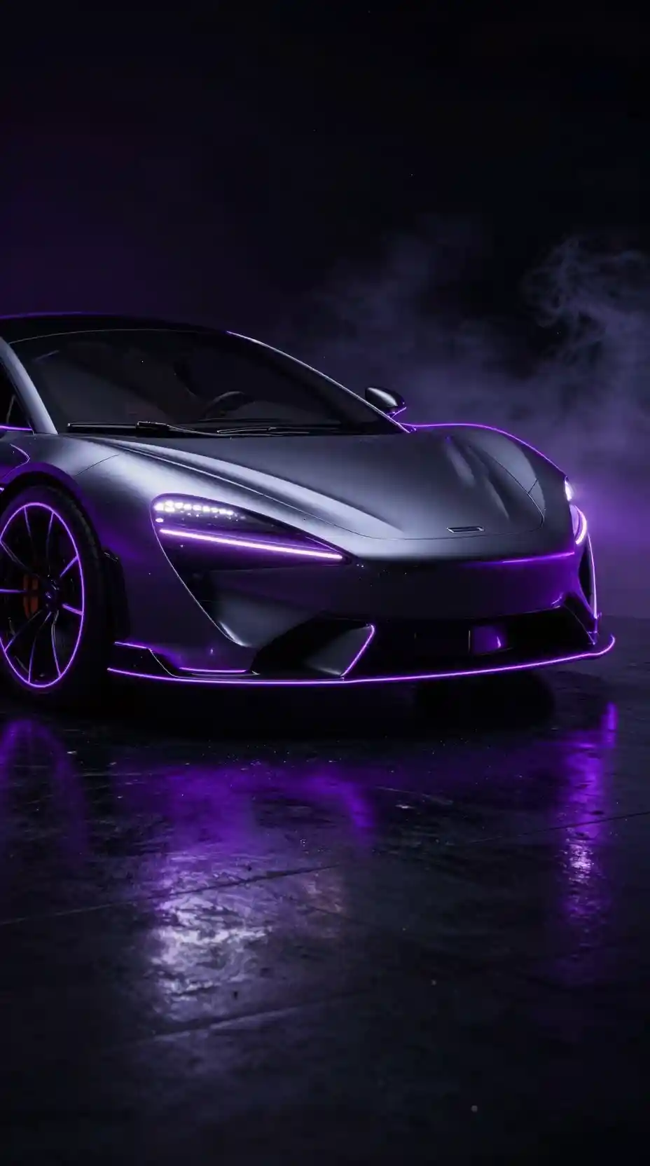 Coche deportivo futurista delineado por luz púrpura neón