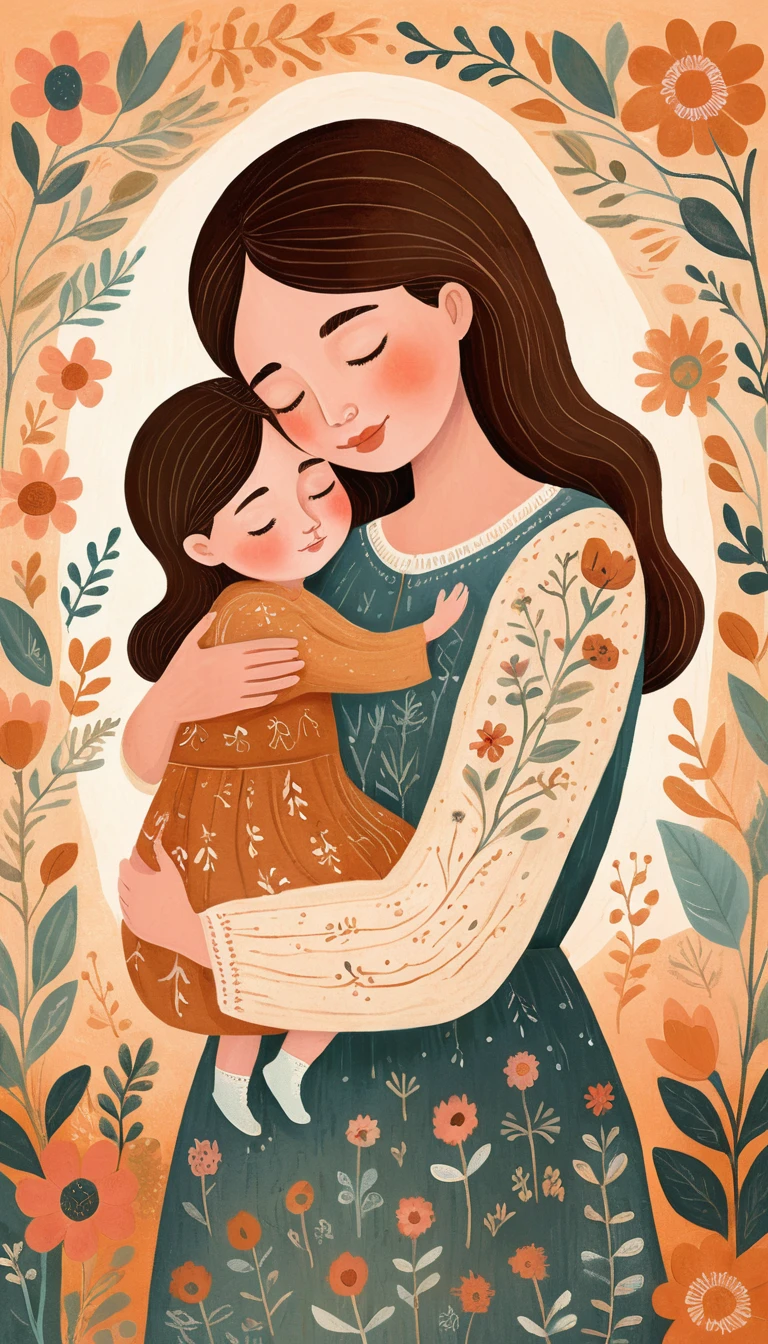 Dreamy folk art child hugging mother in pastel colors