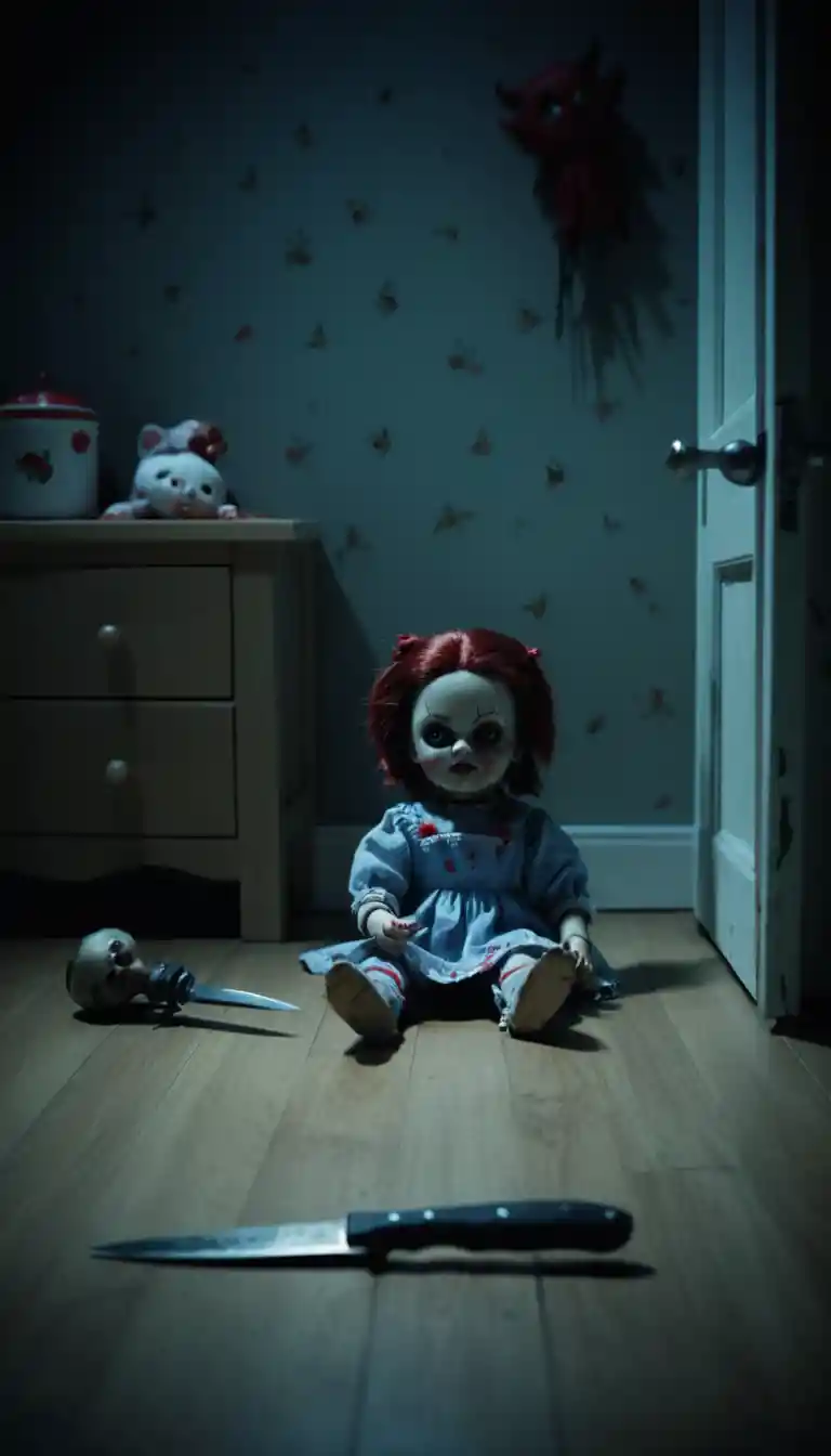 Creepy doll with knife in a child bedroom at night