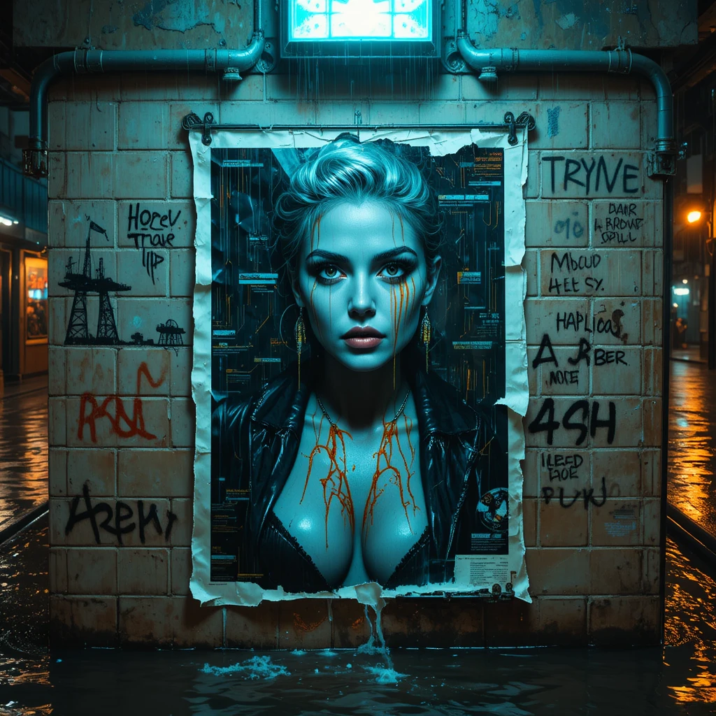 Tattooed woman on torn poster in flooded city underpass