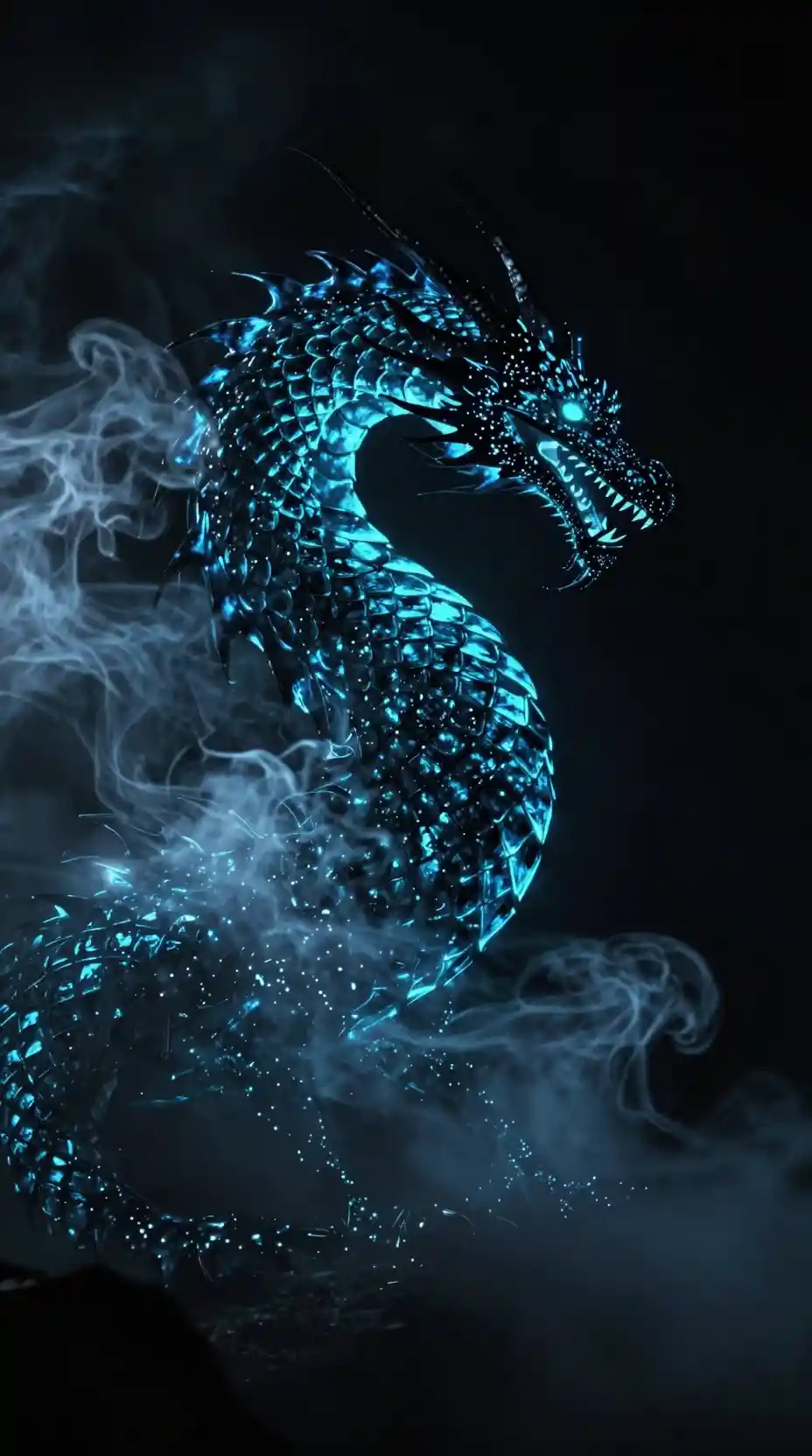 Neon blue dragon silhouette emerging from swirling darkness