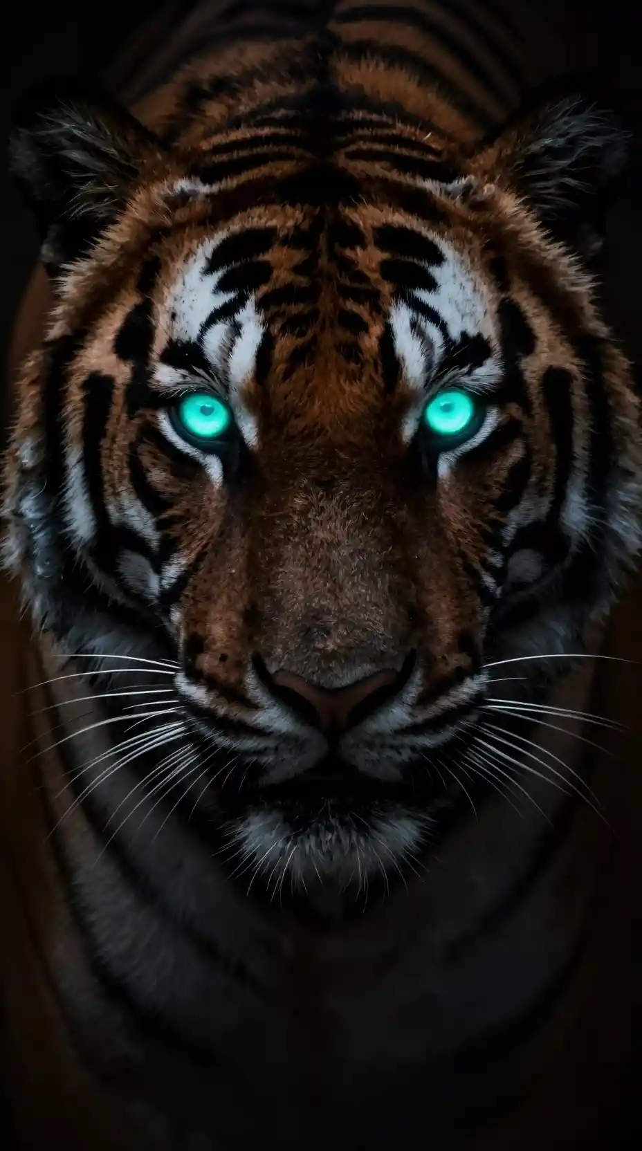 Primo piano di un volto di tigre con occhi ciano al neon luminosi