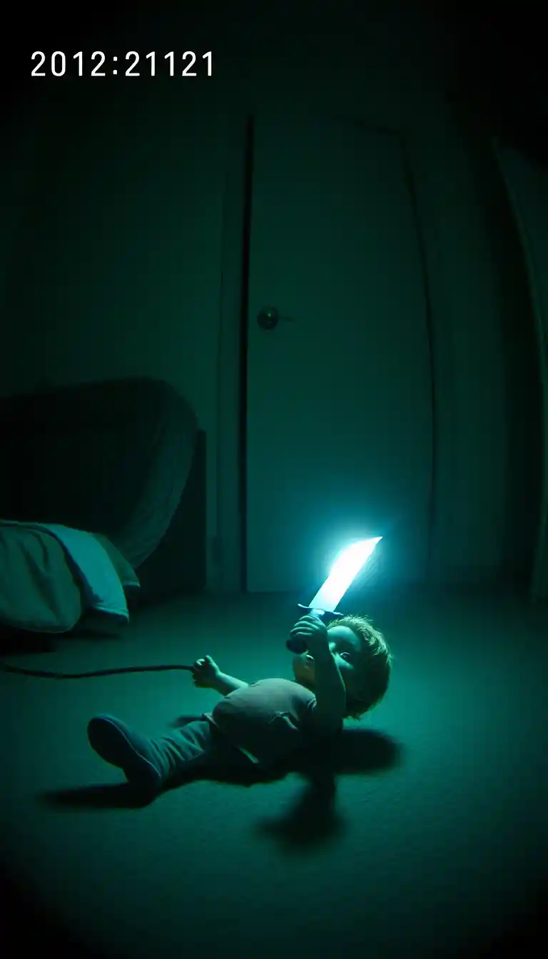 Creepy doll with knife in child bedroom cctv scene