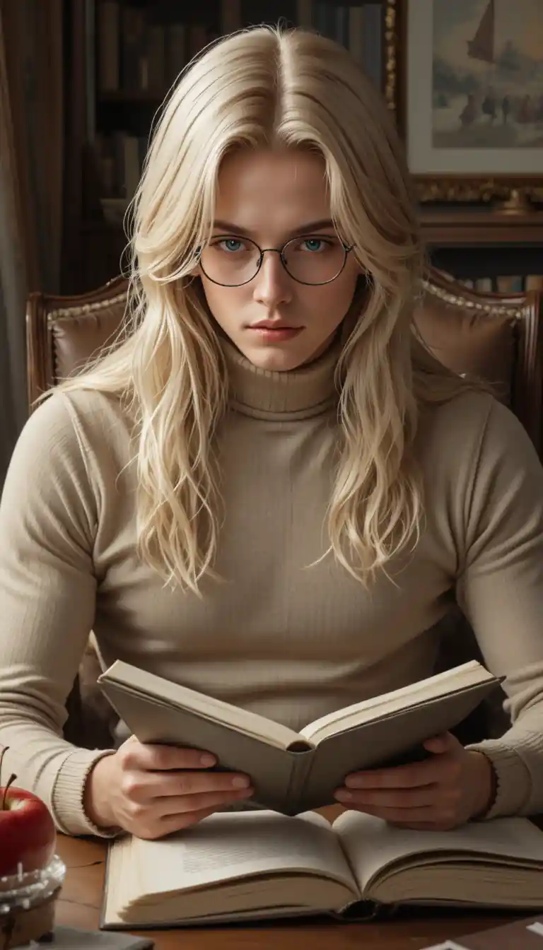 Blonde academic man reading with apple on table