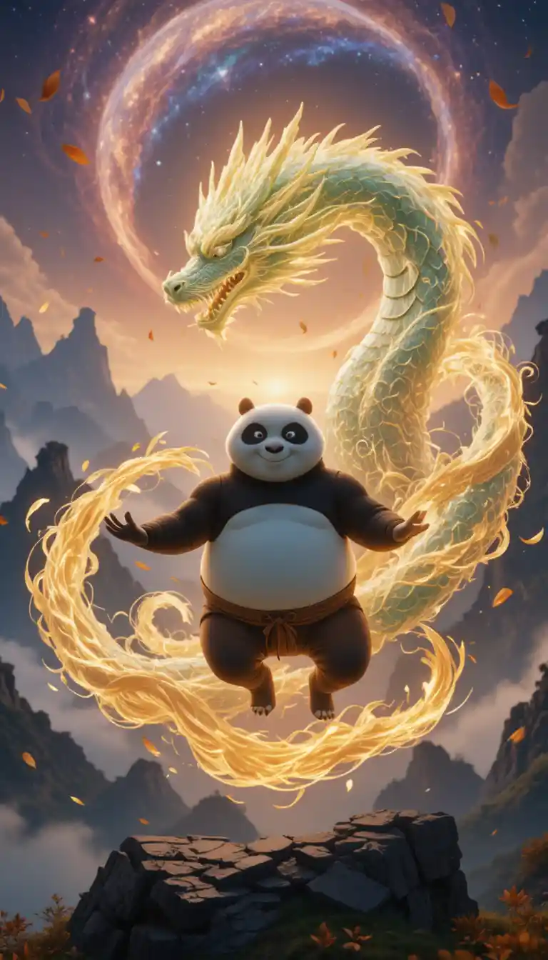 Meditating panda surrounded by a swirling energy dragon
