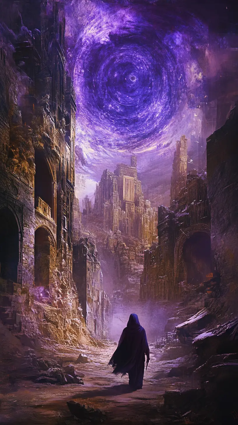 Lone hooded wanderer in a surreal labyrinthine city