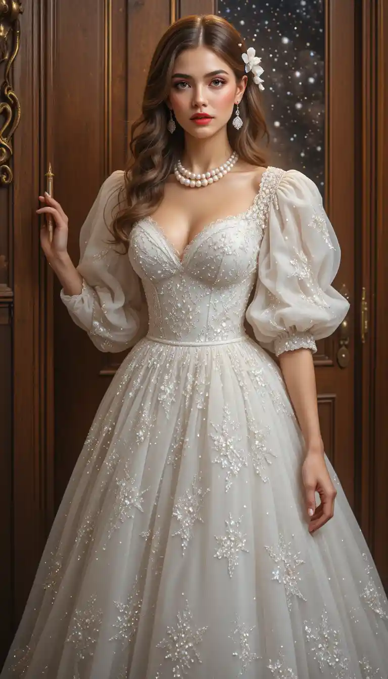 Mujer elegante con vestido blanco brillante ante un portal estrellado