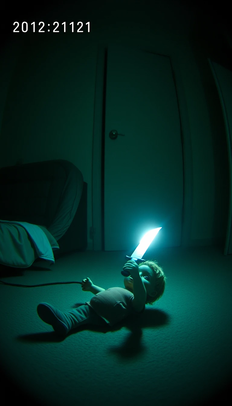 Creepy doll with knife in child bedroom cctv scene