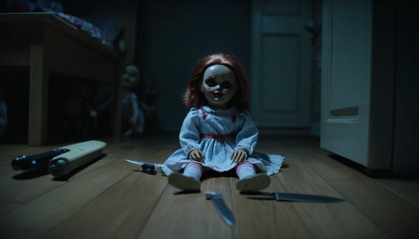 Creepy doll on a child bedroom floor in CCTV view