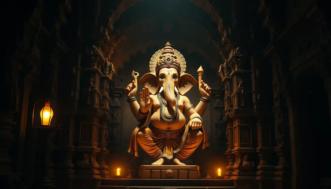 El señor Ganesha brillando en un antiguo templo sombrío