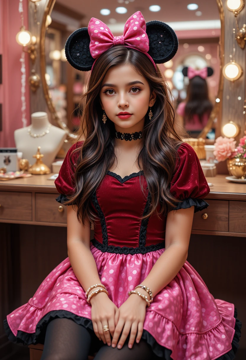 Preadolescente nervioso con vestido rosa de Minnie frente al tocador