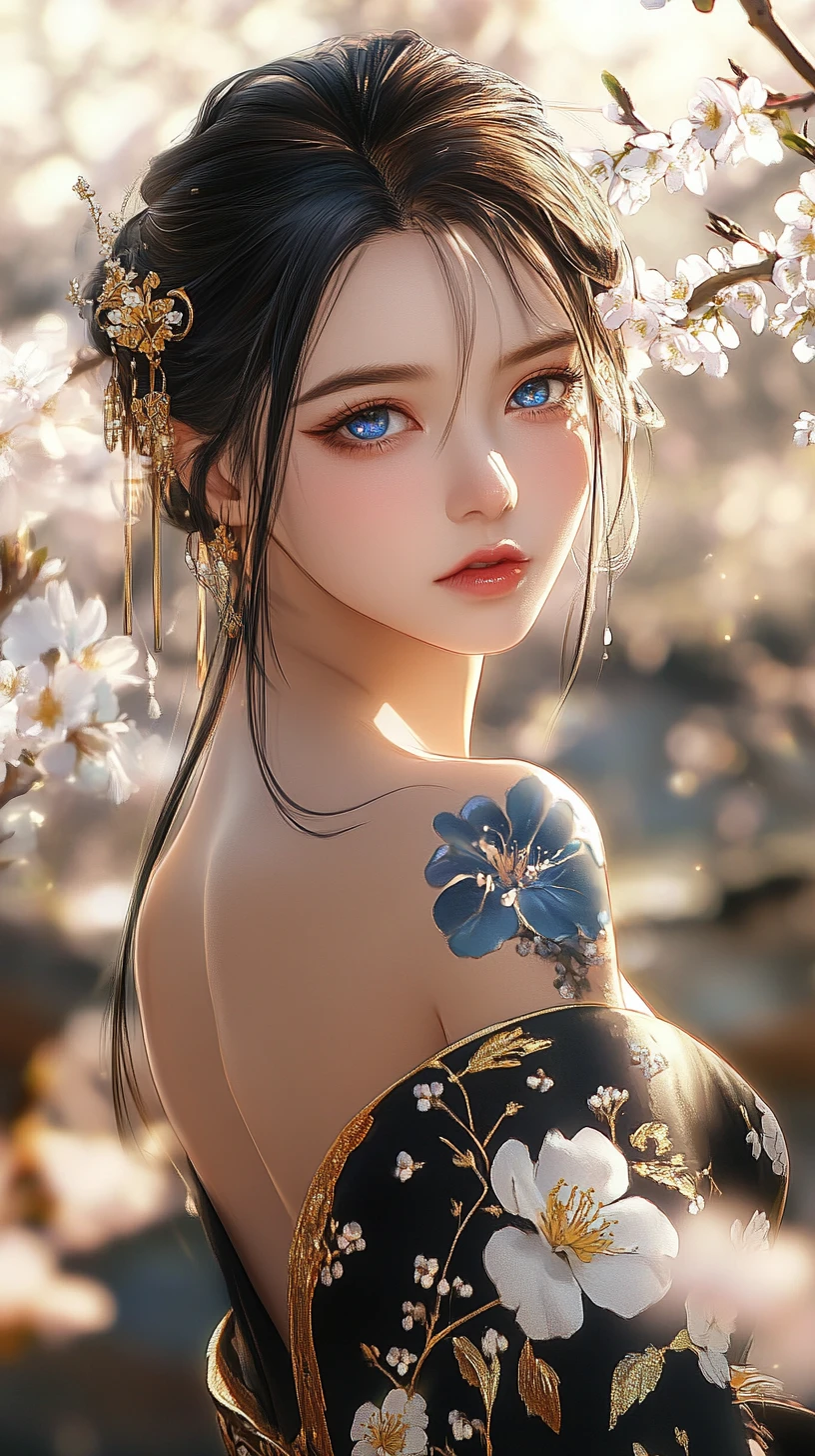 Elegant anime woman in a cherry blossom garden portrait