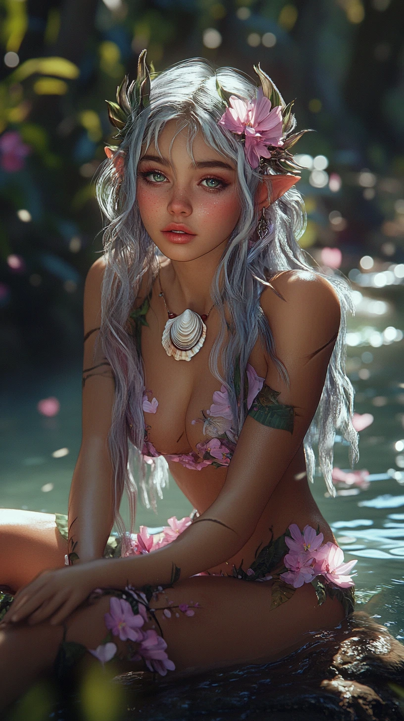 Elf woman sitting by a sunlit forest stream