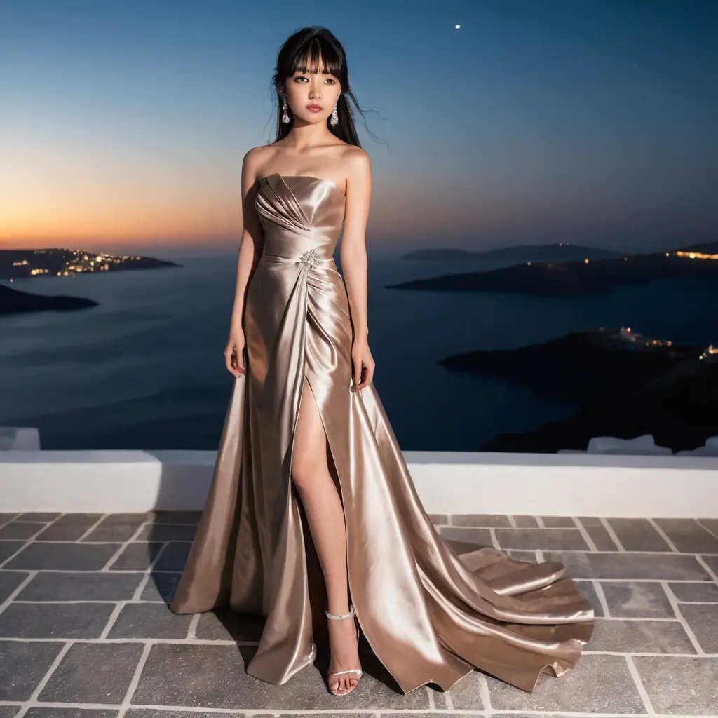 Mujer elegante con vestido de novia de satén de noche en Santorini