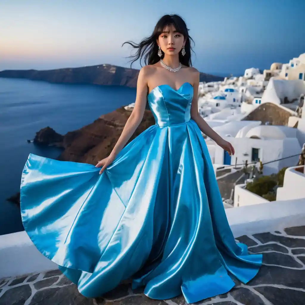Joven con vestido de satén azul por la noche en Santorini