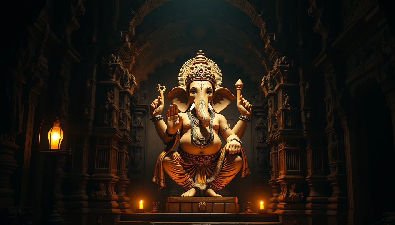 El señor Ganesha brillando en un antiguo templo sombrío