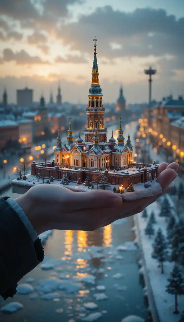 Hand holding snowy miniature fortress above frozen winter river