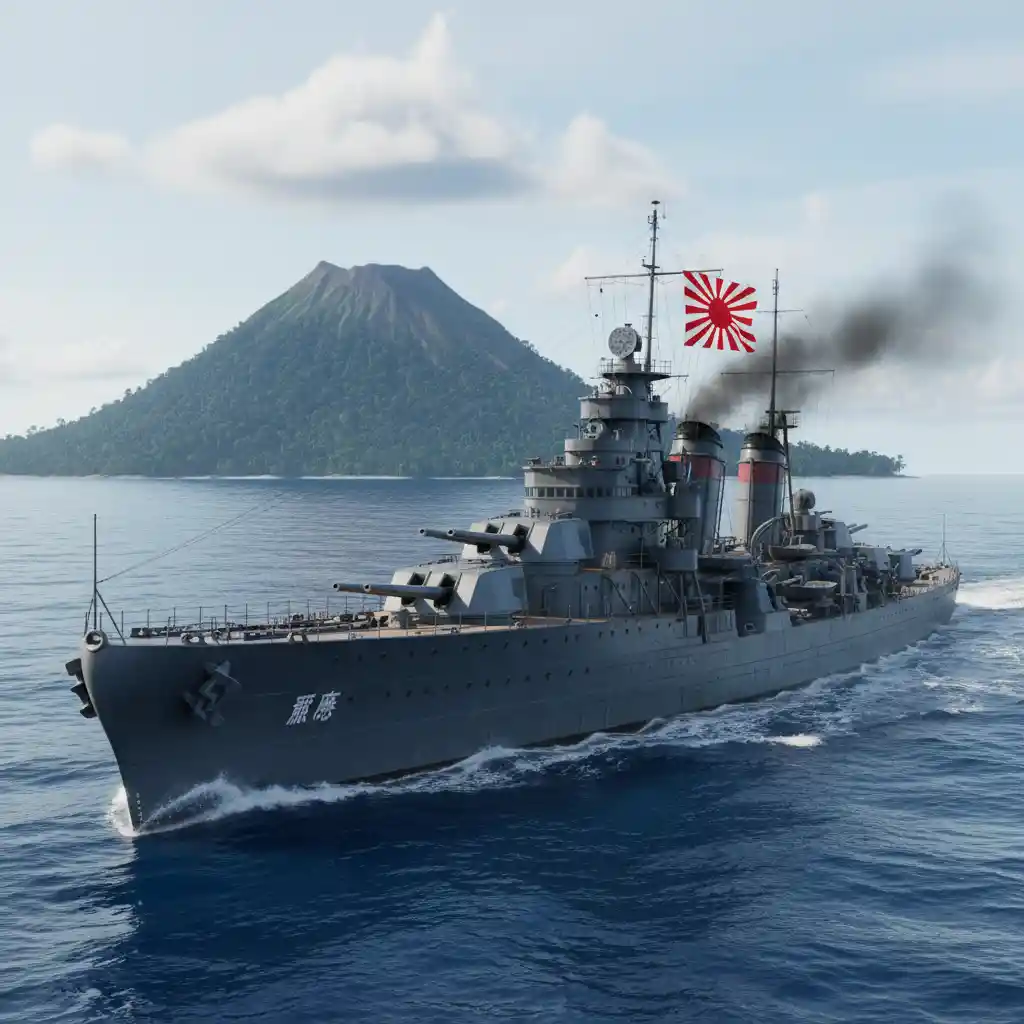 Japanese destroyer sailing near a tropical Pacific island