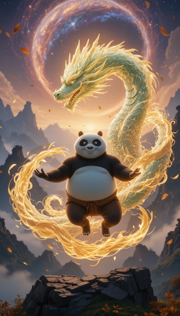 Panda en méditation entouré d’un dragon d’énergie tourbillonnant