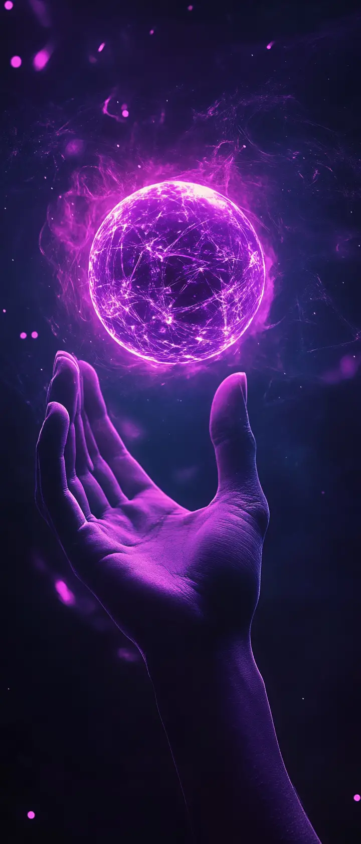 Human hand holding glowing violet energy sphere in darkness