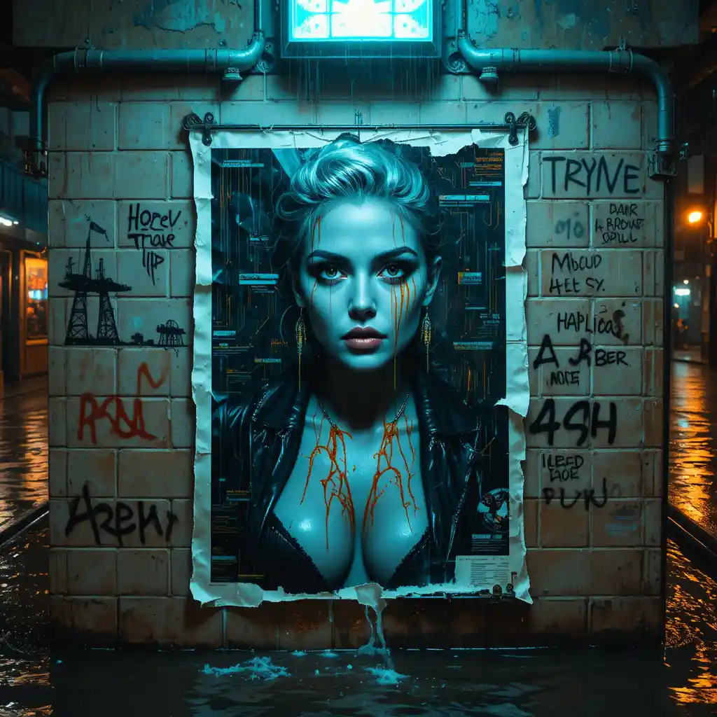 Tattooed woman on torn poster in flooded city underpass