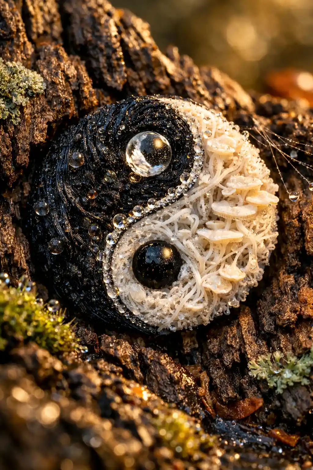 Macro yin yang of black algae and white fungi on bark