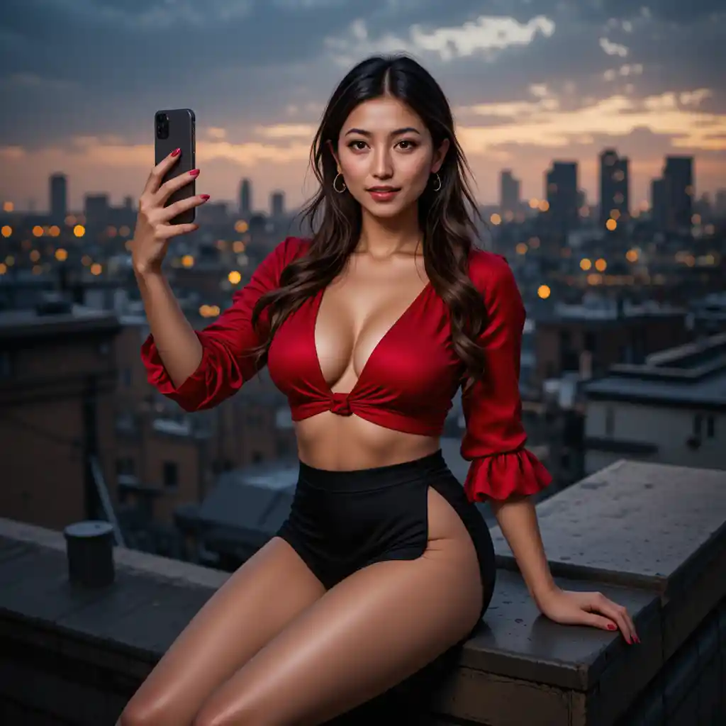Glamorous woman taking a rooftop selfie at sunset