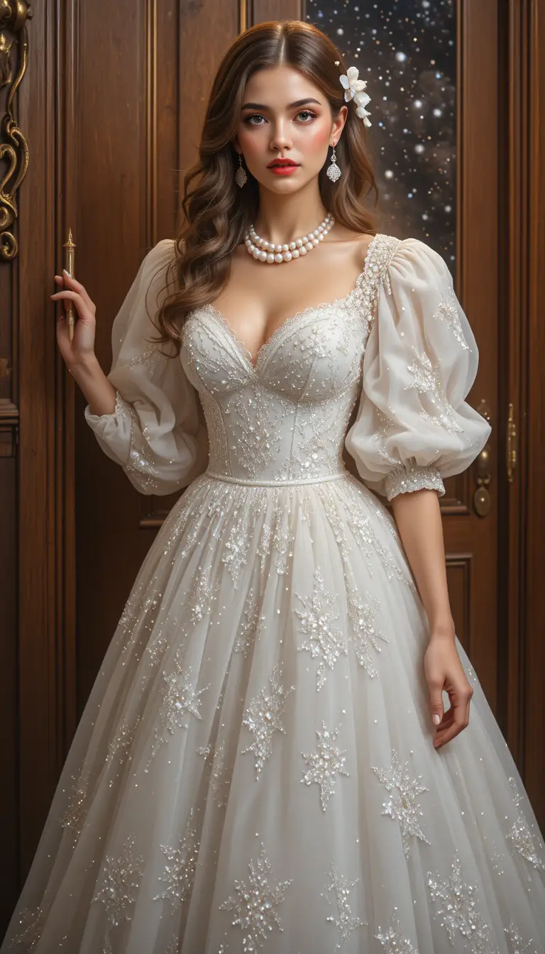 Mujer elegante con vestido blanco brillante ante un portal estrellado