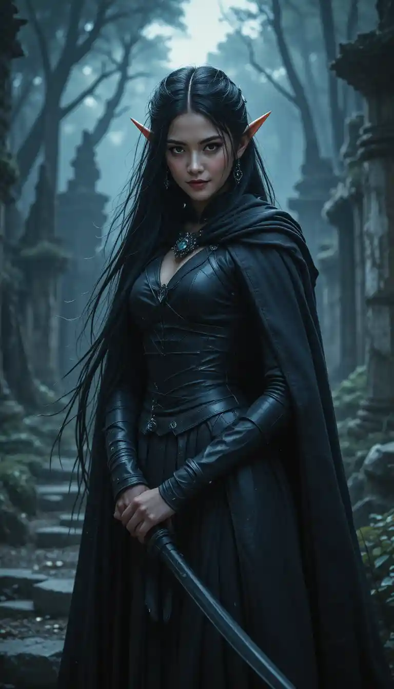 Dark elf warrior woman with twin blades in ruins