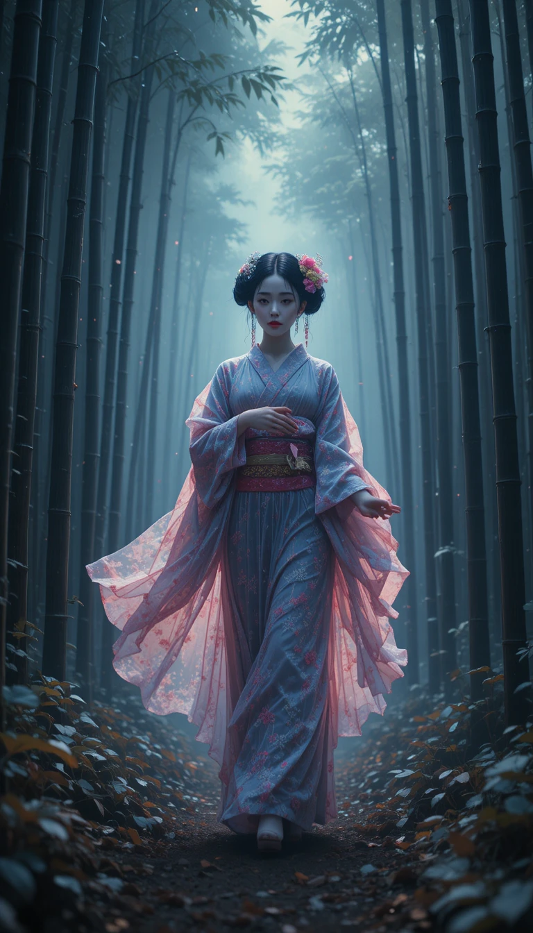 Glitched geisha walking through a misty bamboo forest