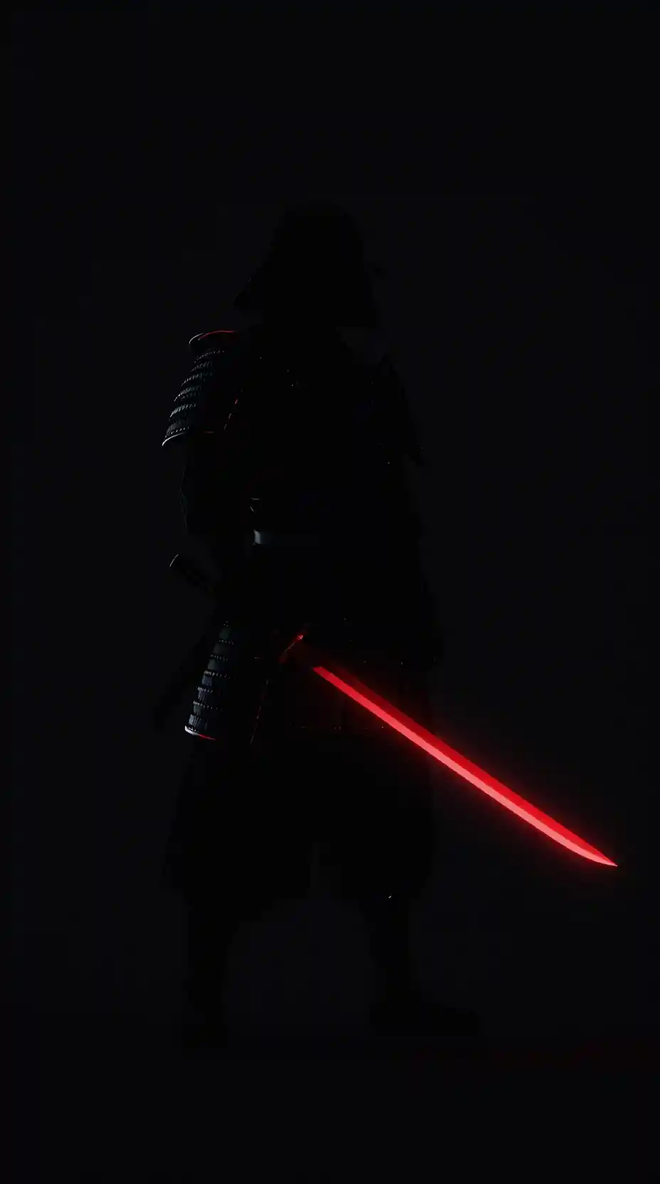 Samurai-Silhouette mit leuchtend rotem Neon-Katana in der Dunkelheit