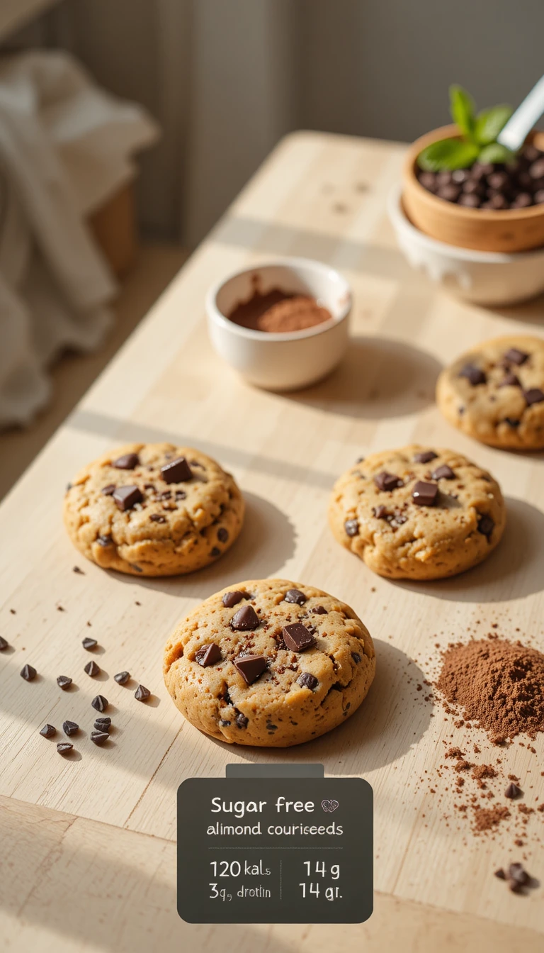 Galletas saludables de harina de almendra sobre una mesa clara de madera en la cocina