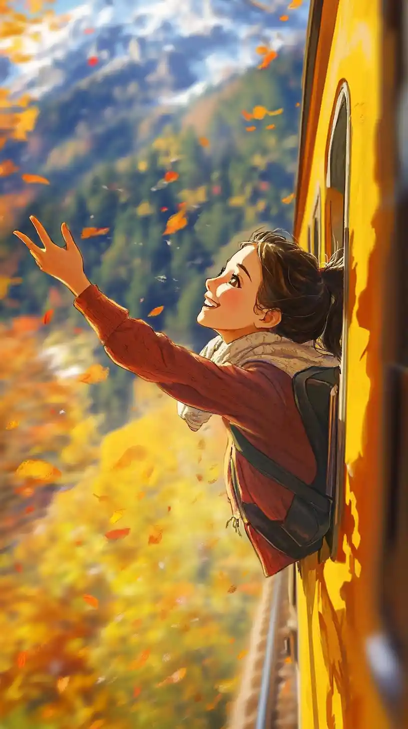 快樂的動漫少女探出黃色火車窗外