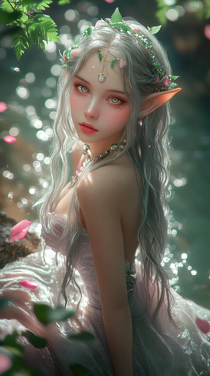 Elf woman by a sunlit forest stream in low angle view