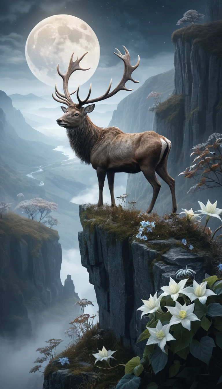 Cerf majestueux couronné de fleurs de lune sur une falaise brumeuse