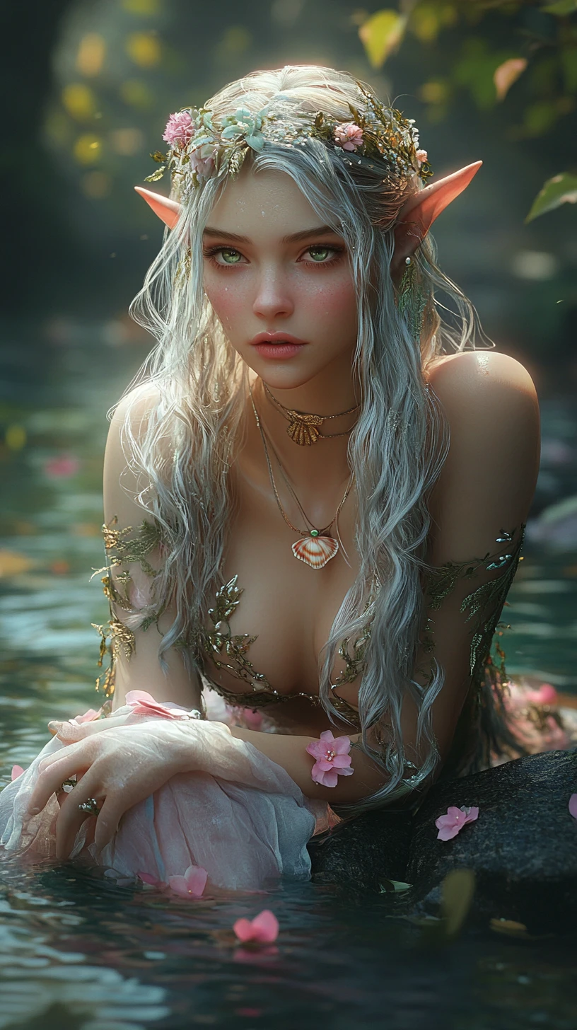 Elf woman sitting by a sunlit forest stream