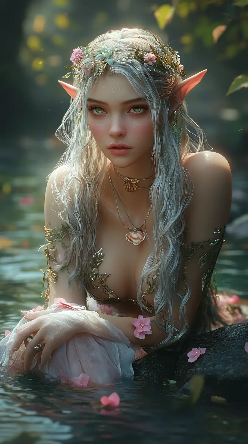 Elf woman sitting by a sunlit forest stream