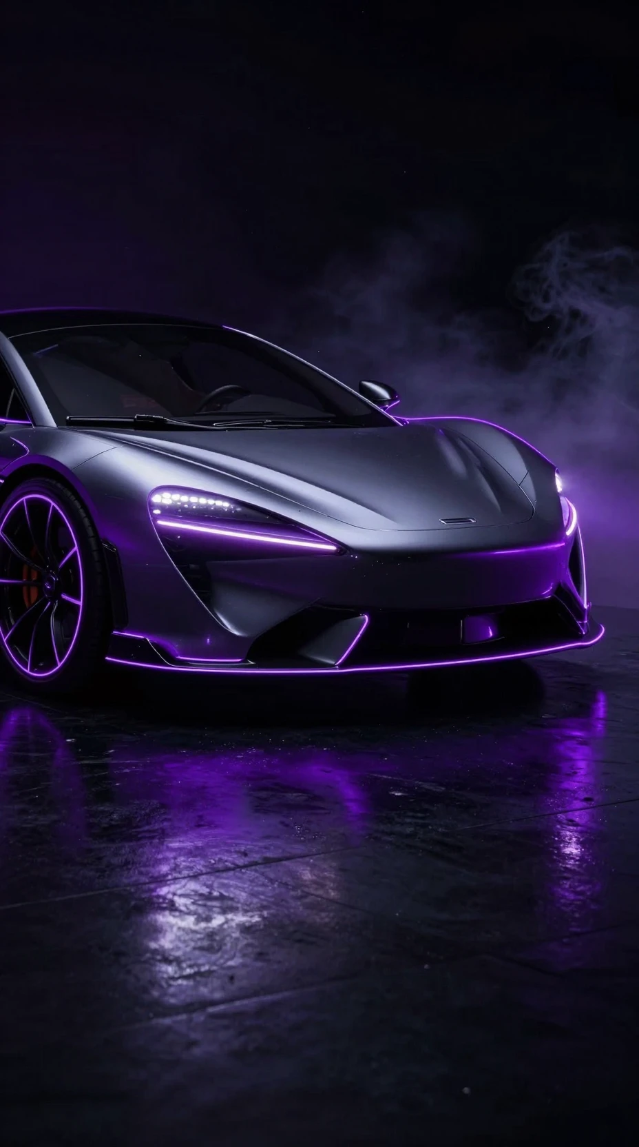 Coche deportivo futurista delineado por luz púrpura neón