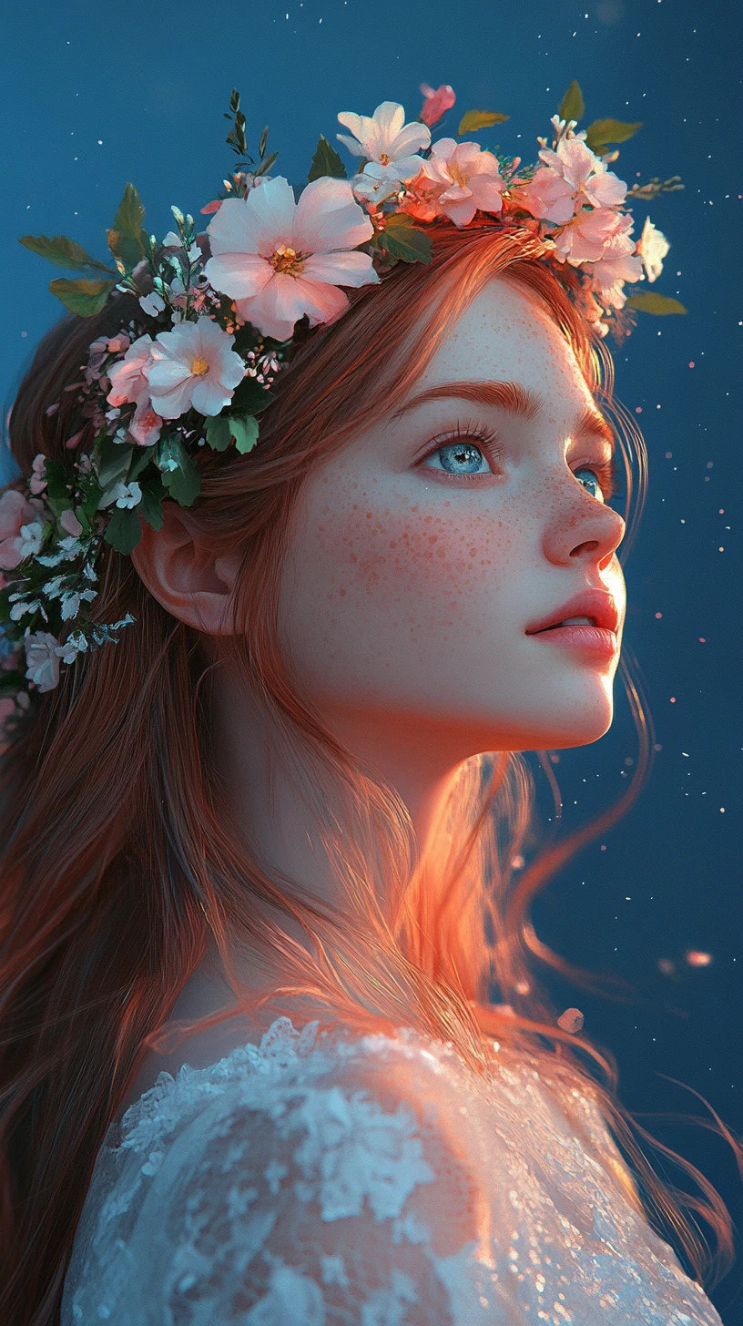 Flower crowned girl under a starry blue fantasy sky