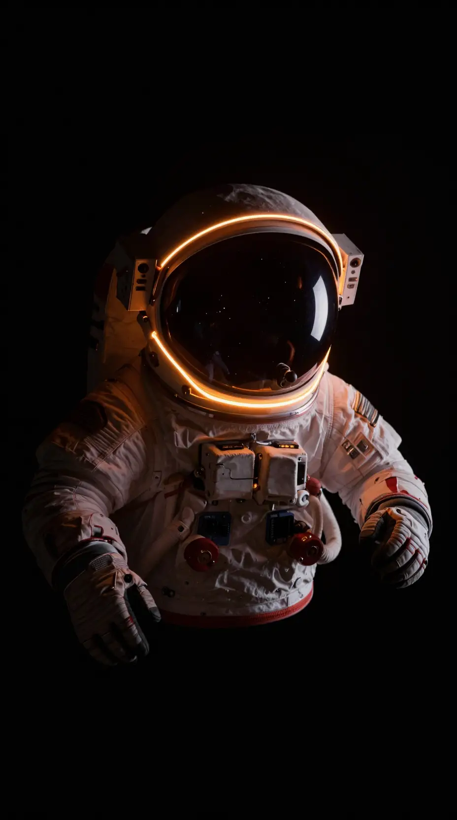 Astronaut helmet glowing with neon rim light in space